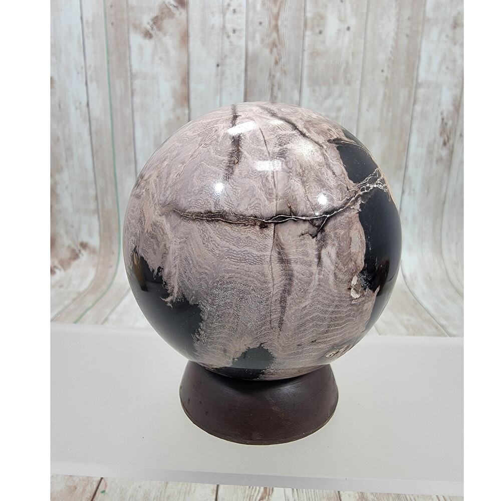2-1/2" Petrified Fossil Stone Sphere Inc Stand Natural Gemstone Mineral AAA